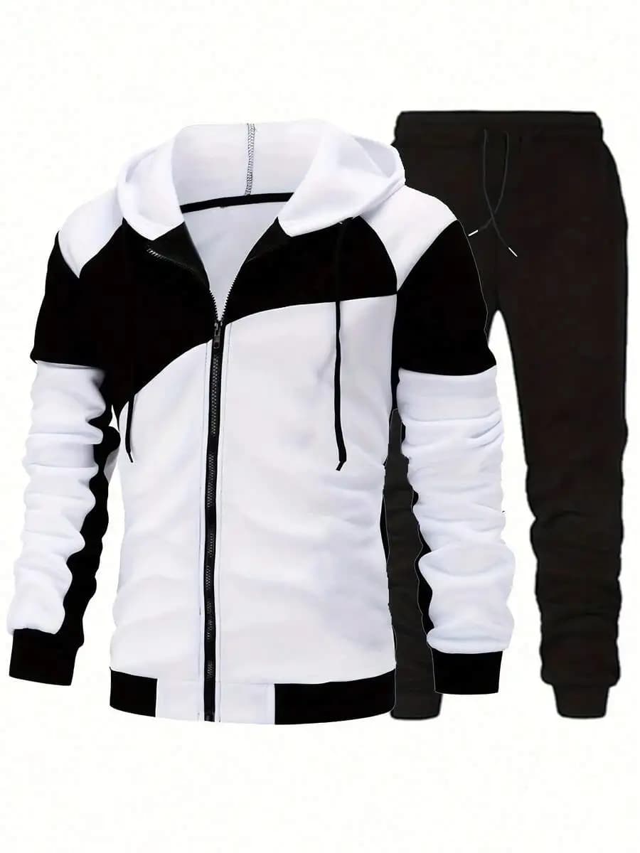 Set da uomo composto da giacca con cappuccio e zip a blocchi di colore e pantaloni da jogging