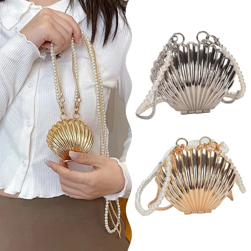 Metal shell bag Mini lipstick bag shoulder bag with chain of pearl bag hand bag waist bag for women's makeup jewelry bag