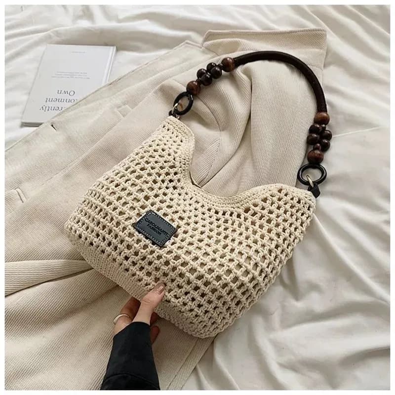 AT33 Fashion Bead Handmade Shoulder Bag Purse Women Beach Woven Hobo Handbag Large Capacity Single Shoulder Hollow Out Tote