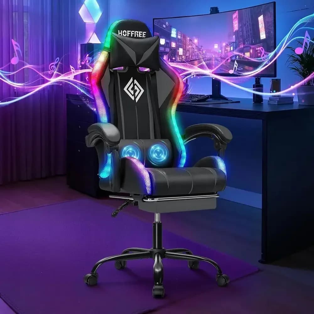 Sedia da Gaming con Schienale Alto, LED, Altoparlanti, Massaggio e Poggiapiedi per Adulti in Grigio e Nero