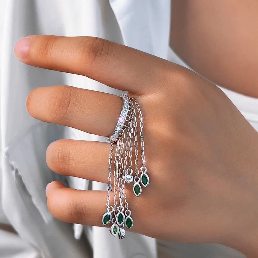 BeaQueen Delicate Green Cubic Zirconia Stone Super Long Tassel Dangle Ring for Women Luxury Engagement Wedding Jewelry J0263