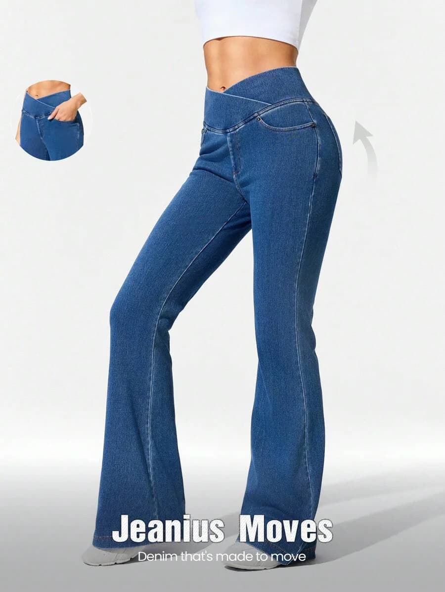 High Waist Crossover Flare Jeans for Women Stretchy Non-Denim Legging Pants V-Shaped Waist Butt Lift for Gym Casual Outfits