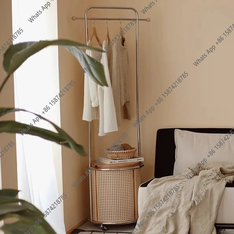 Solid wood and rattan bedside table with full-height container, clothes hangers, hat holders, integrated mobile container, holders for dirty clothes