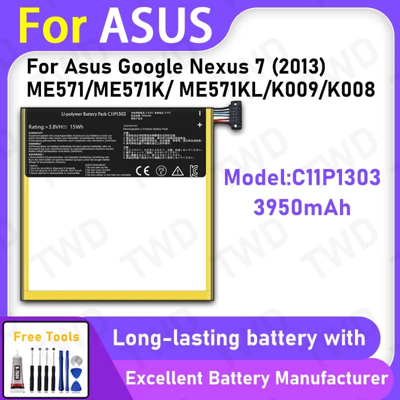 Batteria C11P1303 da 3950 mAh nuova al 100% per Asus Google Nexus 7 (2013)/ME571 Batteria sostitutiva + strumenti gratuiti