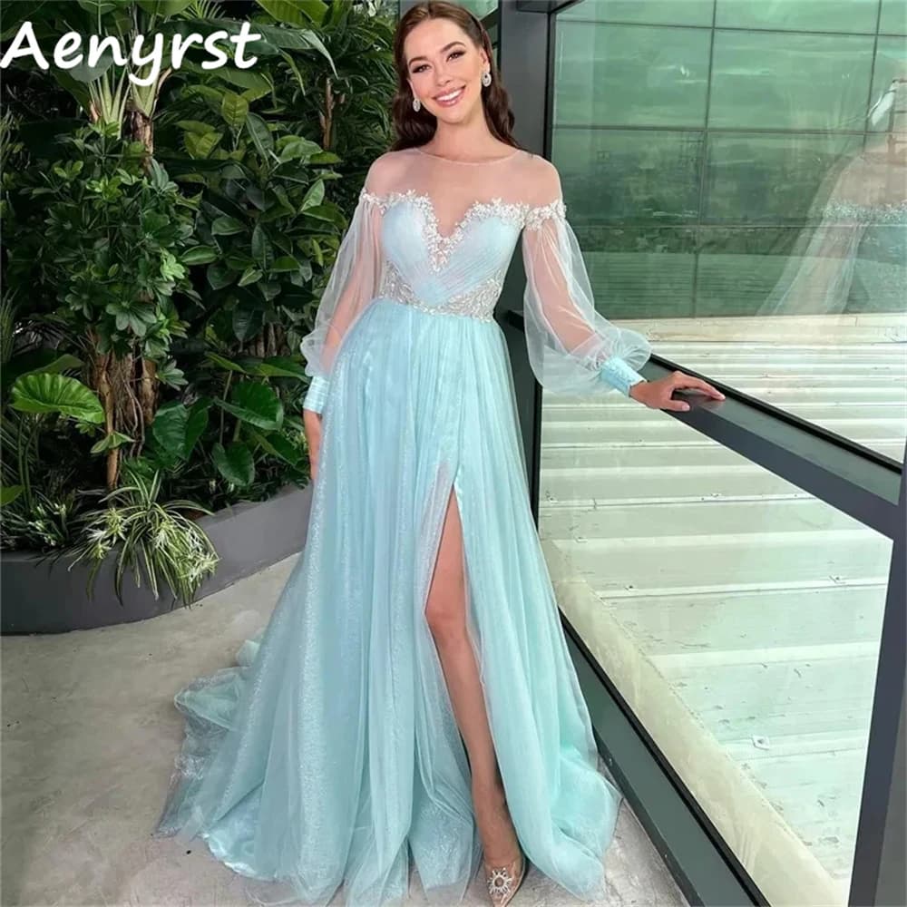 Aenyrst Abiti da ballo eleganti in tulle con maniche lunghe a sbuffo Una linea laterale con spacco a cuore Abiti da sera Lunghezza pavimento Abito da festa