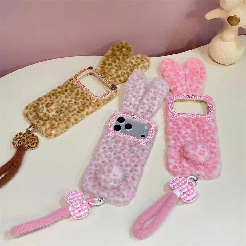 Leopard print plush rabbit ears with lanyard iPhone case for iPhone1716 15 14 13 12 11 promax With Strap Shockproof