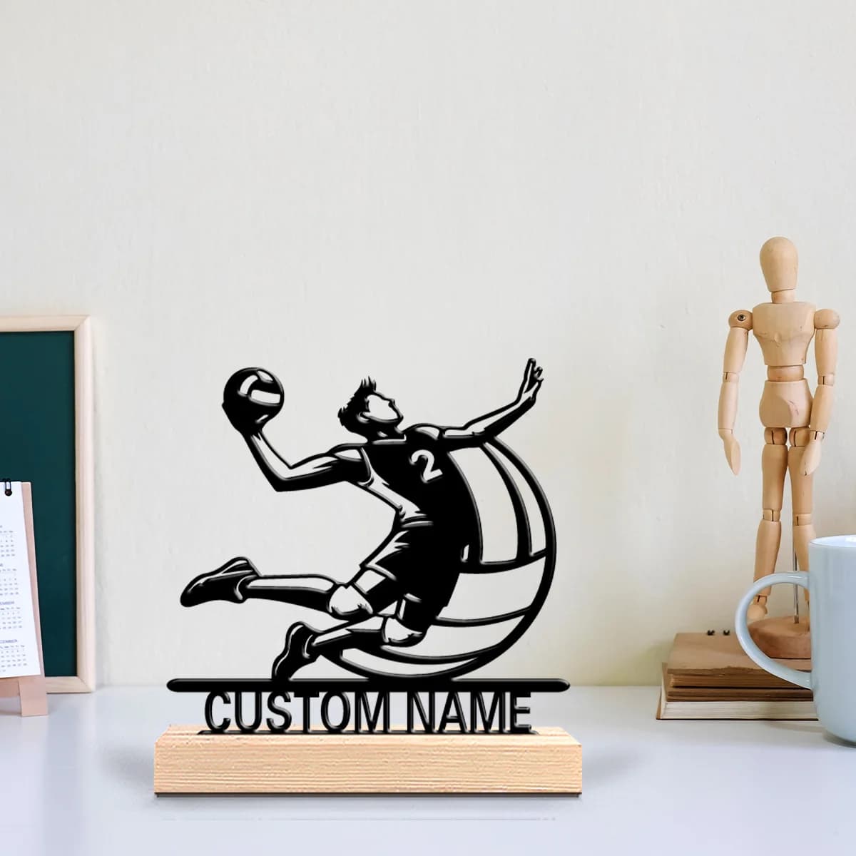 1pc Fashion Volleyball Custom Letter Art Figurine With Wood Base Metal Sculpture With Wood BaseFor Home Decor