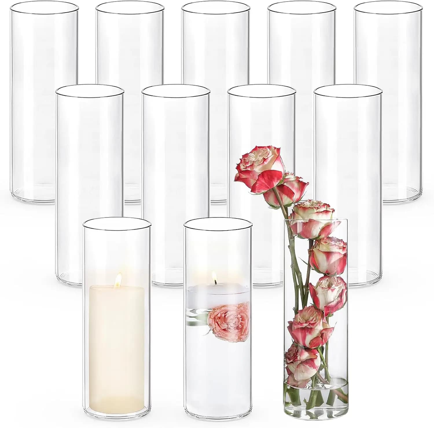 Set di 12 Vasi Cilindrici in Vetro per Centrotavola, Alti 25 cm, con Portacandele Galleggianti per Decorazioni Matrimoniali