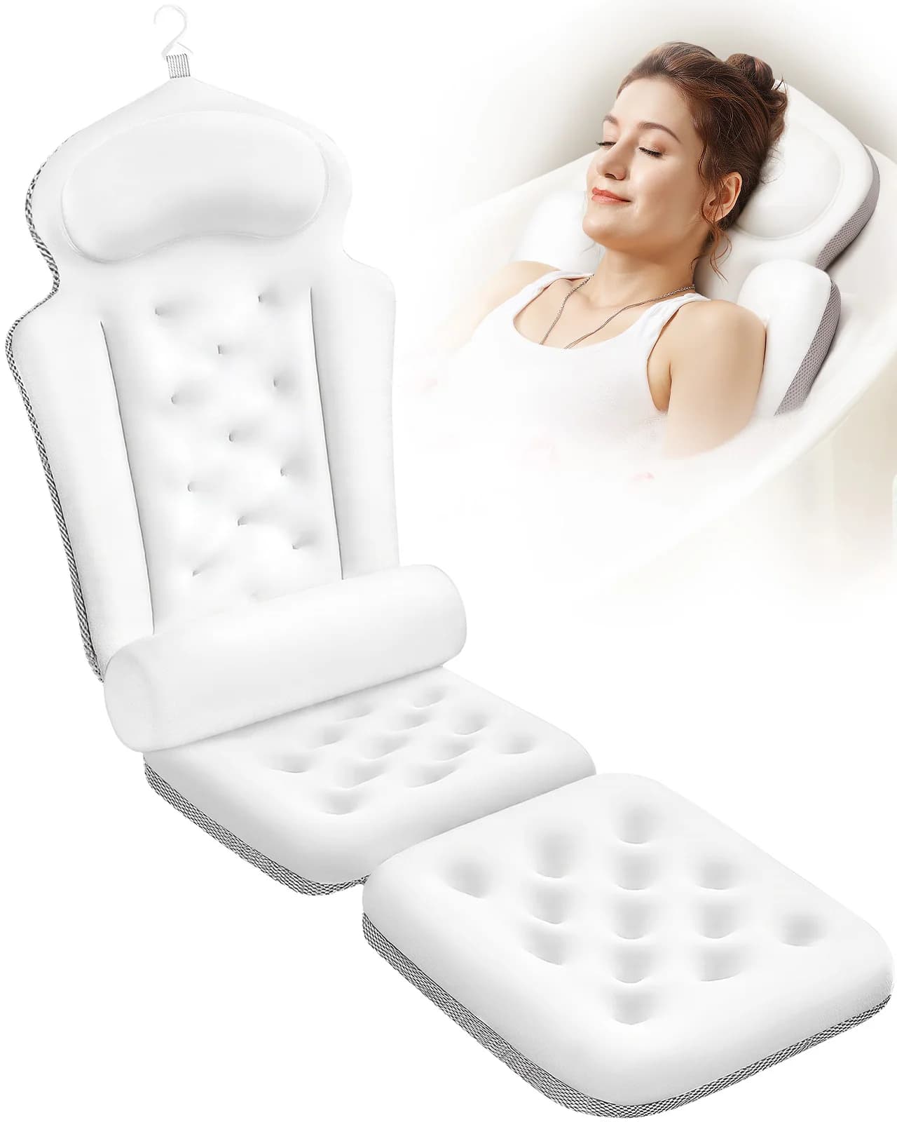 Cuscino da Bagno Integrale Spesso, Tappetino per Vasca con Supporto per Collo, Schiena e Lombare, Accessori Lusso per Spa e Bagno, Bianco