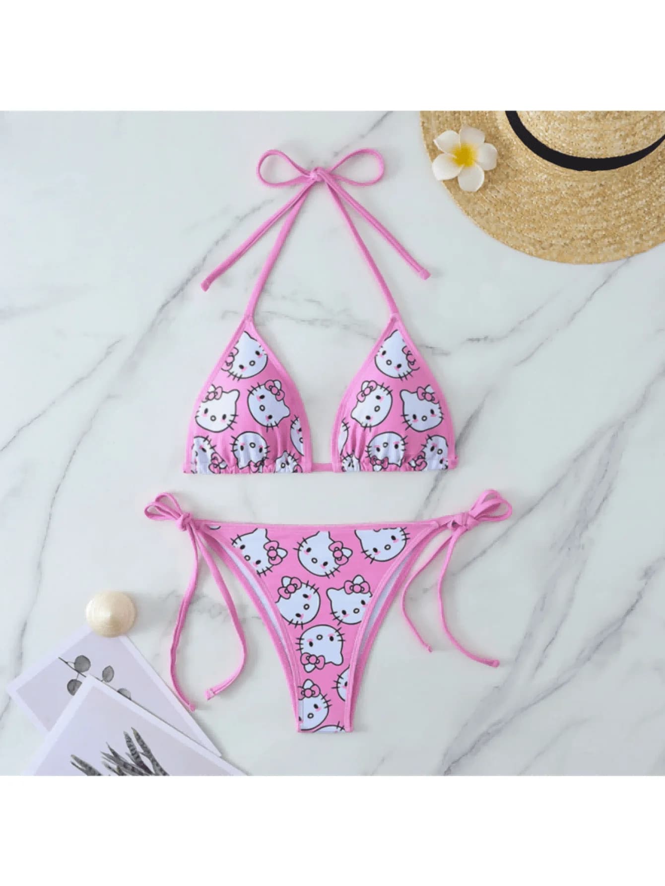 Set bikini triangolare con stampa Kawaii Hello Kitty, 2 pezzi, costume da bagno a 2 pezzi con laccetti laterali, per le vacanze estive al mare