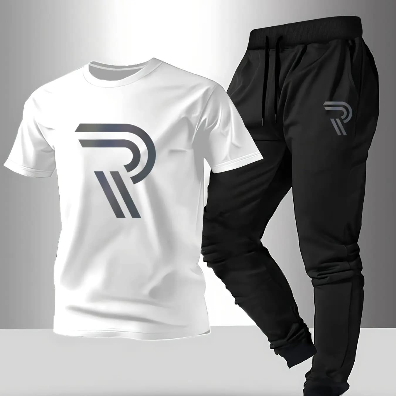2-piece sports suit with short sleeve crew neck top and trousers. Comfortable for summer, spring, autumn and for running or doing exercise