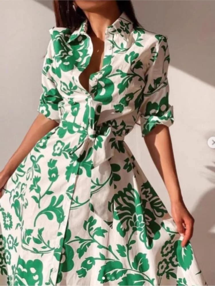 Moda Abiti casual eleganti Nuovo autunno Donna Stampato Vita che abbraccia Camicia a maniche lunghe Abito Lady Office Holiday Dress Robe