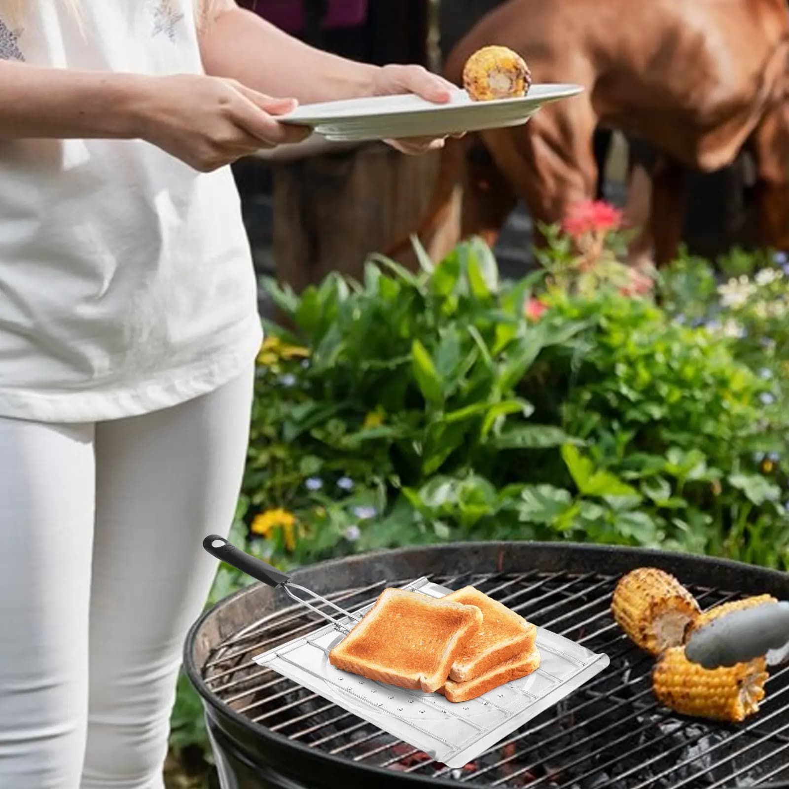 Griglia da Campeggio 2 in 1 con Manico Pieghevole per Tostare Pane, Arepas e Quesadillas, Diffusore di Calore, Vassoio per Grigliare, per Uso Esterno