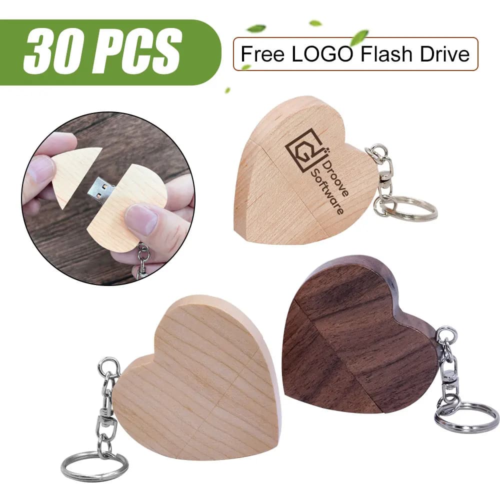 30 pz Logo Libero Cuore USB 2.0 Flash Drive 64G Portachiavi Regalo di Nozze In Legno Pen Drive 32G Memory Stick U Disco Regalo Creativo
