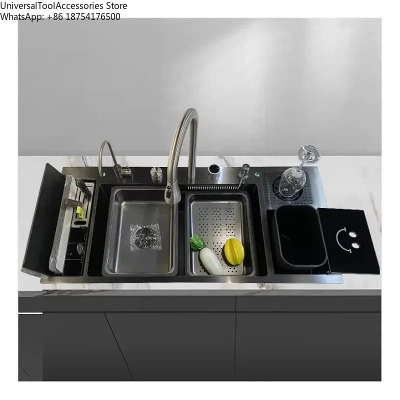 Lavello da Cucina Moderno di Tendenza 2025 in Acciaio Inossidabile con Cestello Rifiuti Automatico Sollevabile, Contenitore per Coltelli, Lavello a Cascata e Lavabicchieri