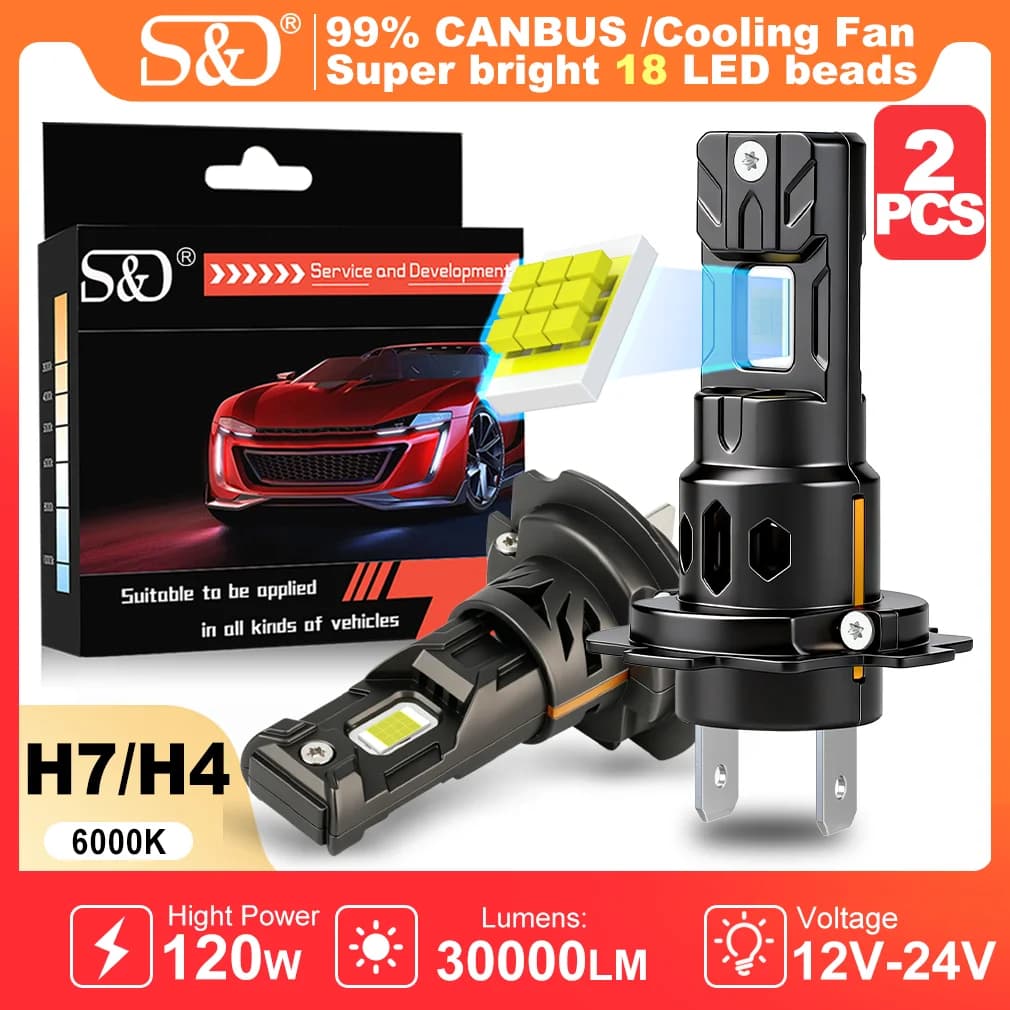 S&D H7 LED Canbus Car Headlight Bulb H4 Wireless Hi/Lo Beam 120W 30000LM CSP for Car Headlamp Auto Diode Lamps Turbo Fan 6000K