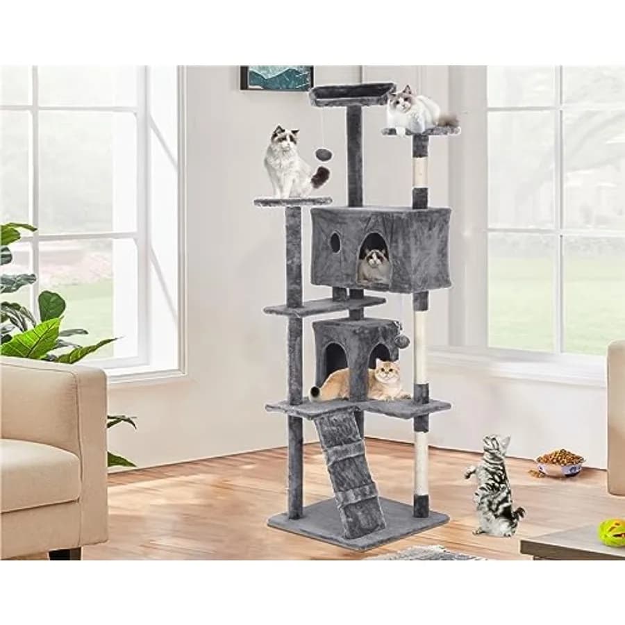 70 Inch Cat Tree for Indoor Cats - Multi-Level Tower With Scratching Post, Condo, Plush Perch, Dangling Ball - Heavy Duty for L