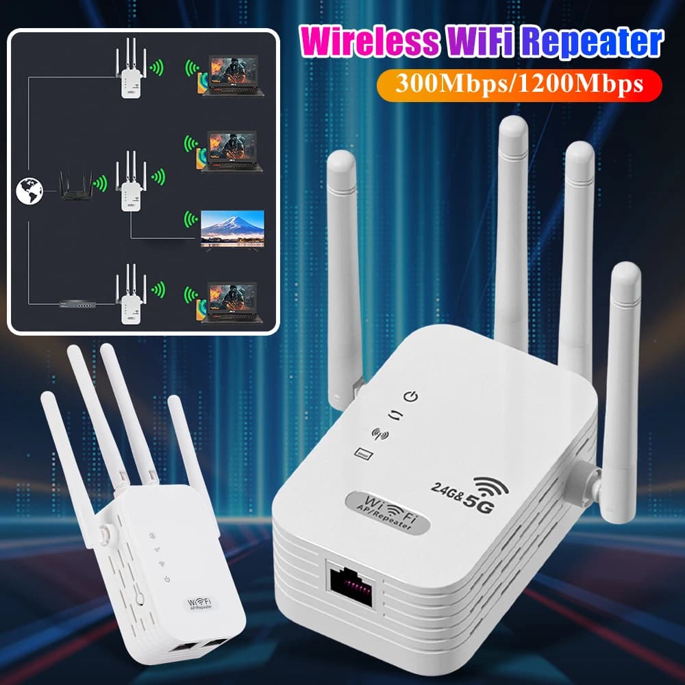 Ripetitore WiFi Wireless 300M/1200Mbps con Porta WAN/LAN, Amplificatore di Segnale WiFi Dual-Band 2.4GHz/5GHz, 4 Antenne per Casa e Ufficio