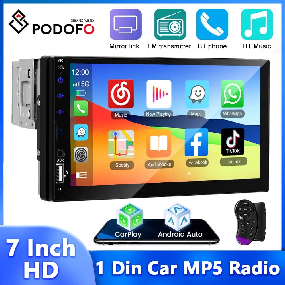 Podofo 7 ''Universale Auto Stereo 1 Din Lettore MP5 Carplay Android Auto Schermo LCD Autoradio EQ Mirror Link BT Lettore Multimediale