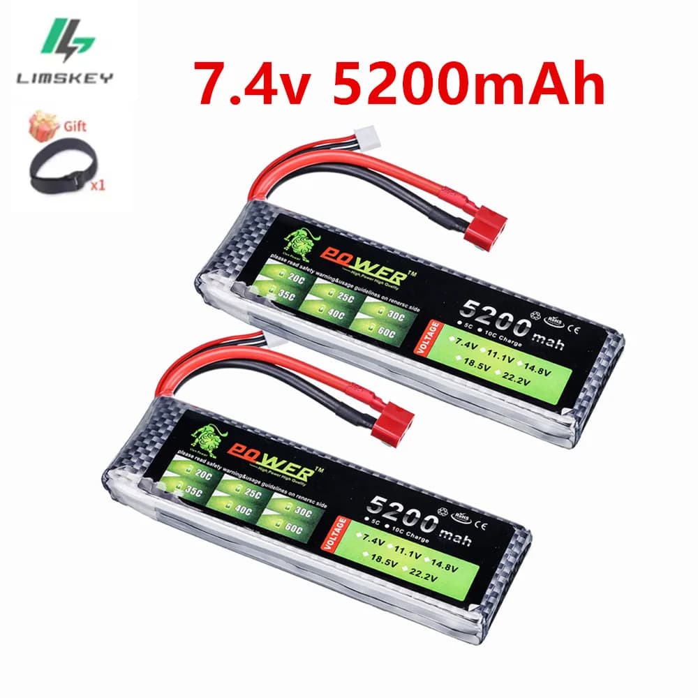 Batteria Lipo 2s da 7,4 V Batteria RC da 5200 mAh 60C 7,4 V con connettore Tamiya Spina XT60 per droni aerei Barche elicotteri RC