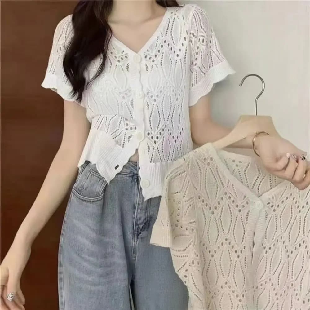 Top all'uncinetto con scollo a V alla moda, stile boho, camicetta a maglia traforata a maniche corte, camicetta velata da donna