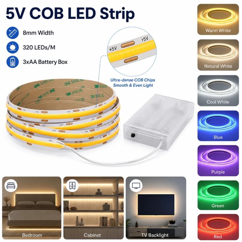 3AA Battery 5V COB LED Strip 8MM 320LEDs/M Flexible White Tape For TV Cabinet Bedroom Wardrobe Indoor Decor Backlight Lamp