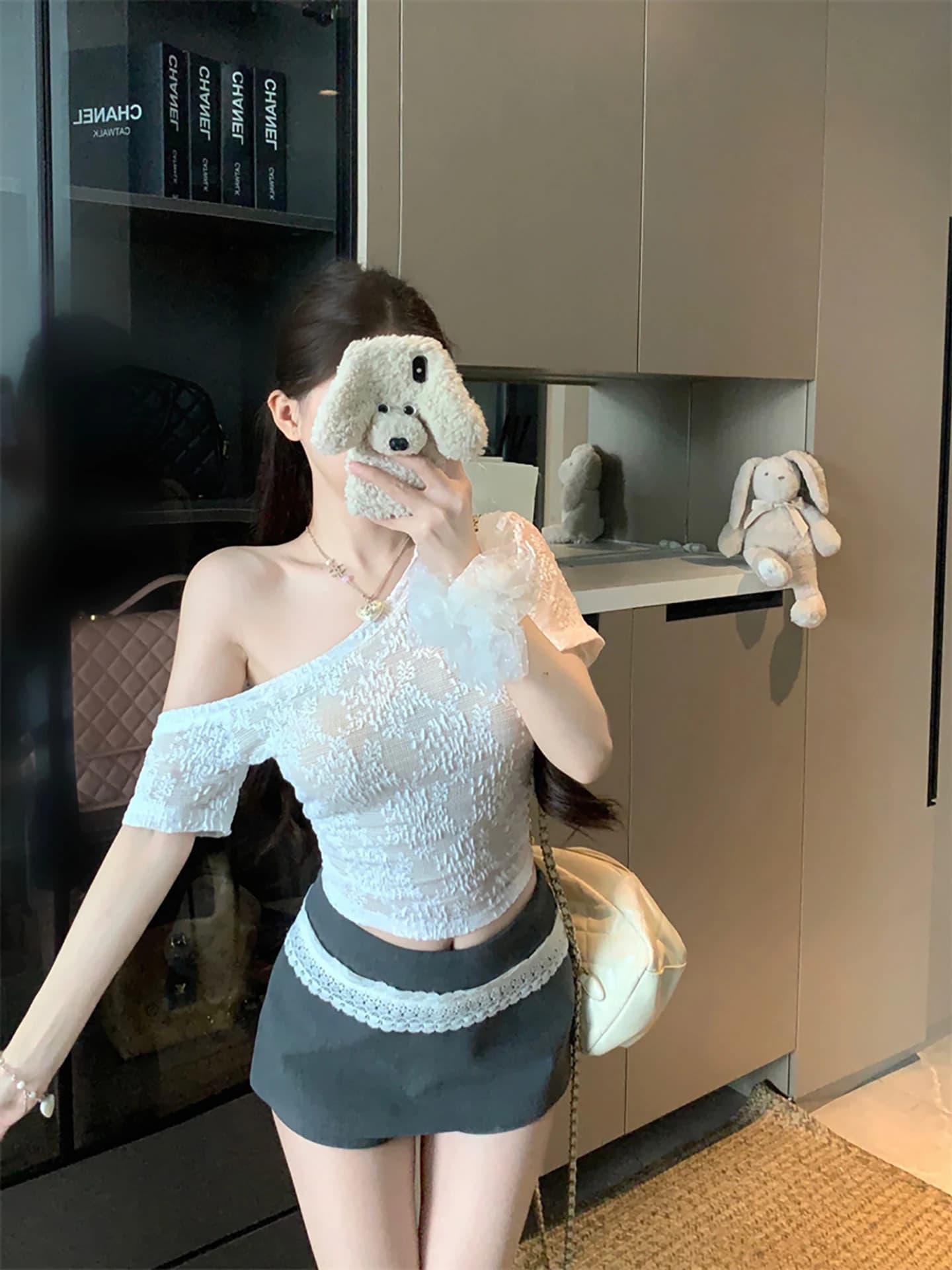 White Lace T-Shirt Women's Summer New Style Slimming Chic Commute Date Top French Style Universal Fit Short Sleeve High Waist