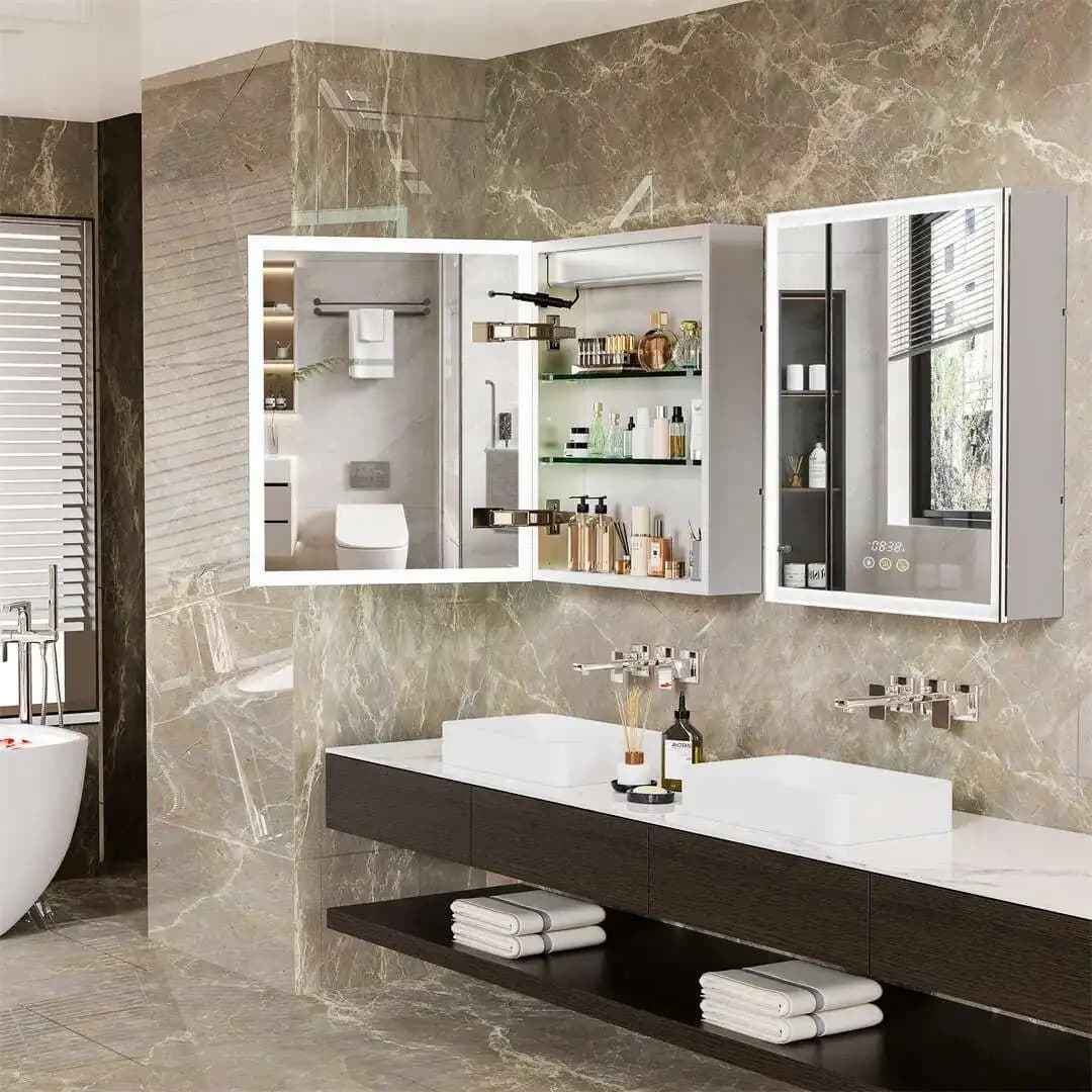 Armadietto da bagno con specchio Bluetooth, montato a parete, con luce a LED, armadietto per medicinali, con presa incorporata e antiappannamento