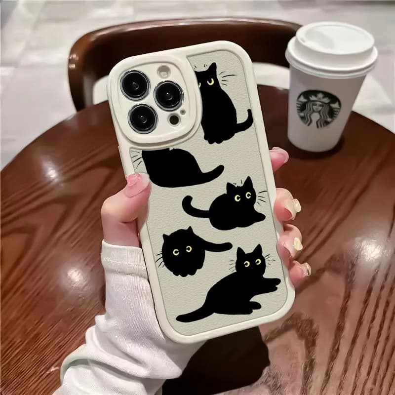 Silicone leather case with custom black cat print for iPhone 17 16 15 14 13 12 11 Pro Max Plus Air non-shock fit