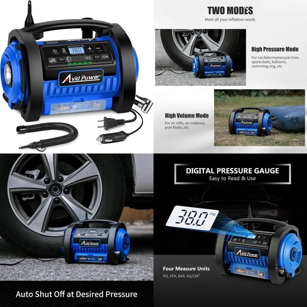 Gonfiatore portatile per pneumatici a doppio motore 12V/110V con manometro digitale e modalità di inflazione