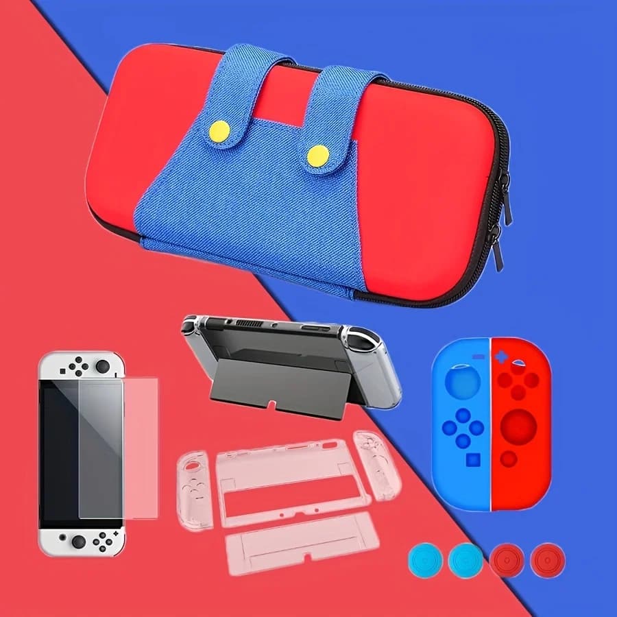 Custodia per interruttori 6 in 1 compatibile con Switch/OLED, borsa da trasporto con 10 supporti da gioco, protezione per schermo con cinturino da polso e 4 cappucci per pollice