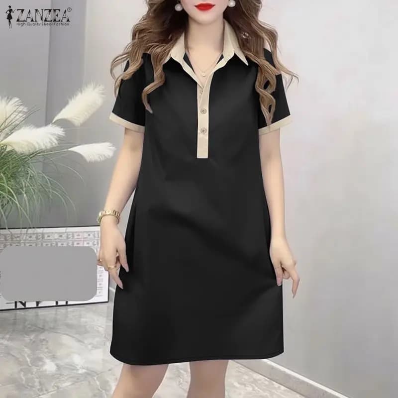 Abito Estivo da Donna ZANZEA 2026, Vestito Elegante con Patchwork, Maniche Corte, Collo a Risvolto, Abito da Lavoro Casual per Vacanze, Lunghezza al Ginocchio