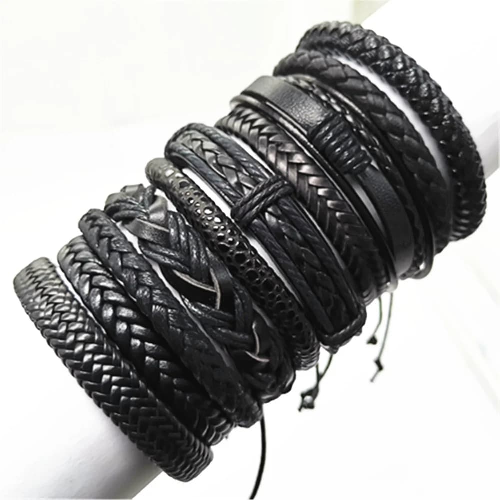 Braccialetti da uomo di design fatti a mano neri da 10 pezzi / set Braccialetti da uomo in pelle da donna maschile Gioielli all'ingrosso
