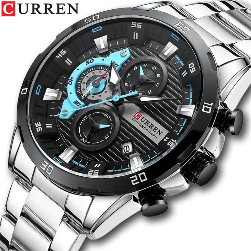 CURREN 8402 Orologio al Quarzo da Uomo, Orologio da Polso con Cinturino in Acciaio a Sei Lancette e Quadrante Stile Motociclistico