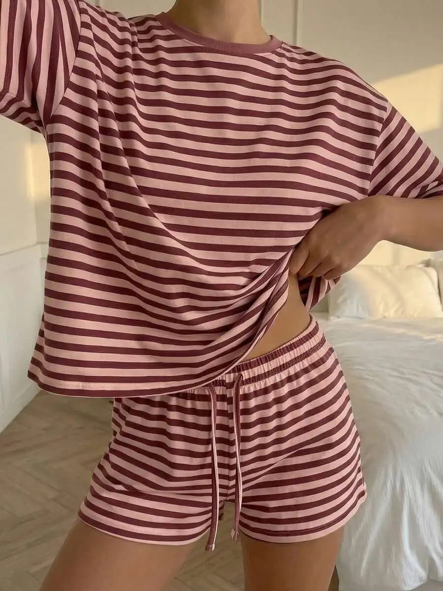 Women's Casual Pink Striped 2-Piece Set: Round Neck Short Sleeve T-Shirt And Drawstring Shorts