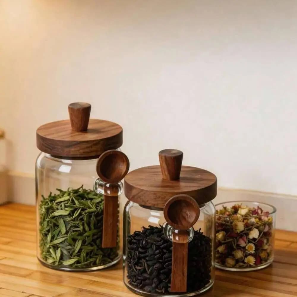 3Pcs Set Clear Glass Jars with Wooden Lids And Matching Spoons Airtight Food Storage Canisters for Coffee Beans Tea Nuts - 17oz 22oz 27oz