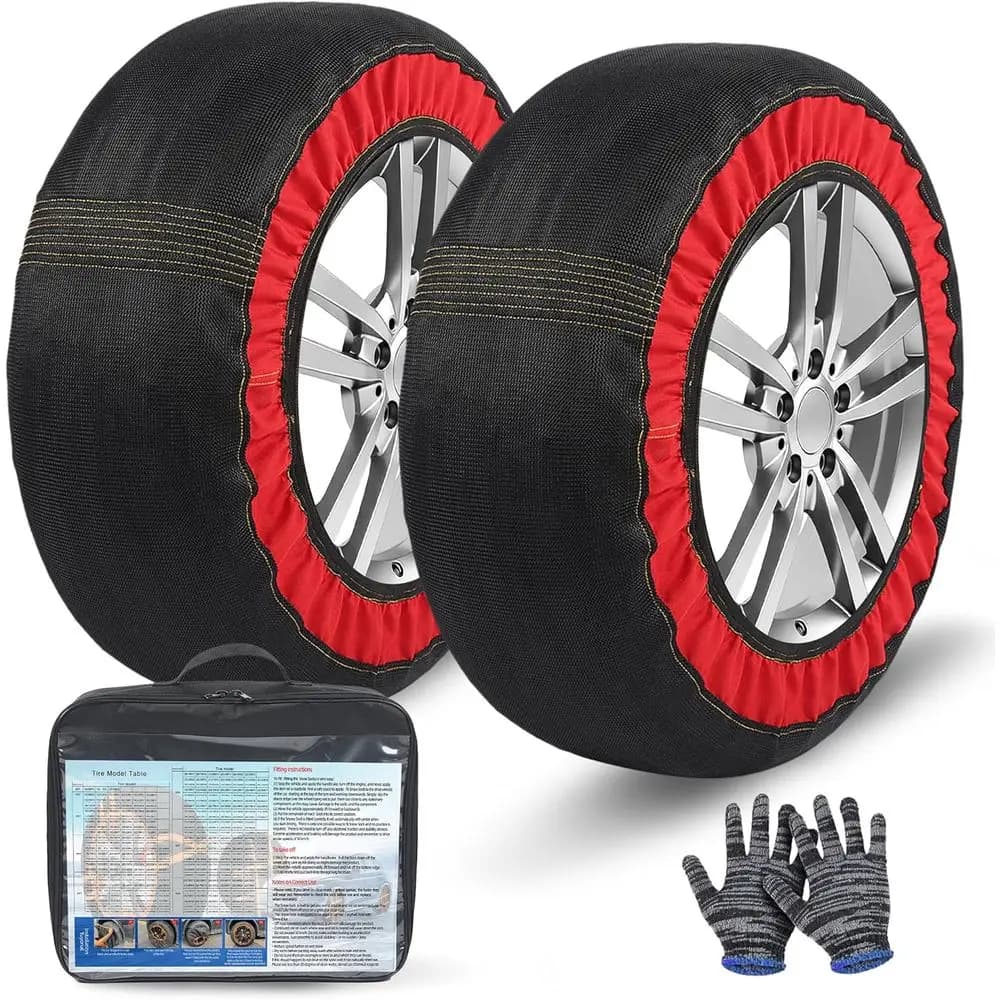 Automotive Snow Socks for Tire Red XXXL Textile Snow Chains Fabric Car Chains, 2 Pairs of Gloves, Winter Accessories SUV Trucks