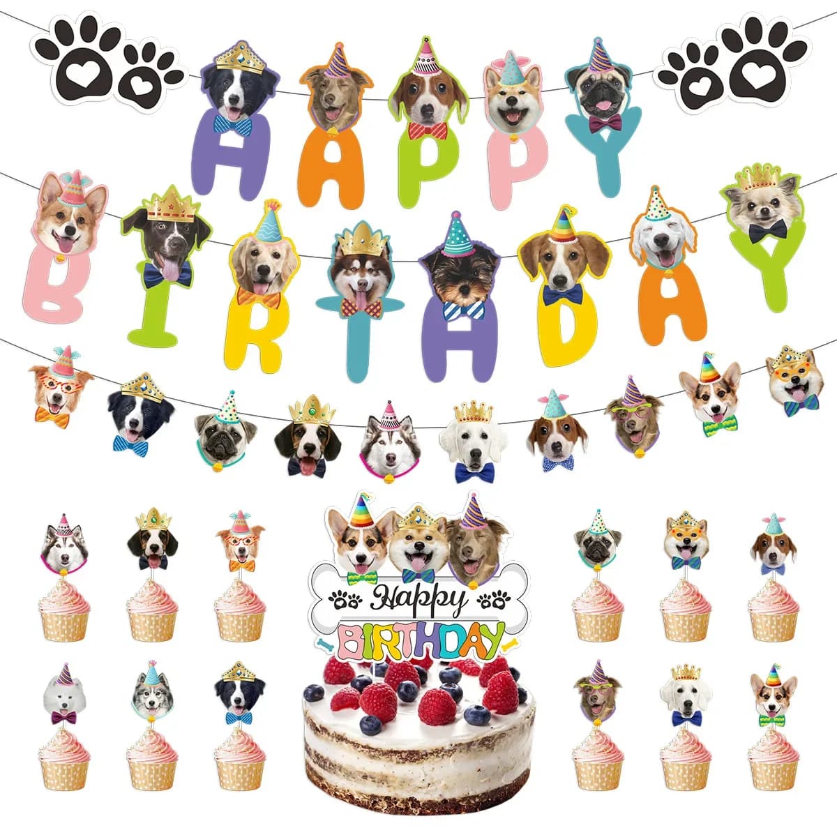 Cartone animato cucciolo di cane buon compleanno banner appeso turbinii toppers cupcake per animali domestici tema compleanno baby shower decorazioni per feste