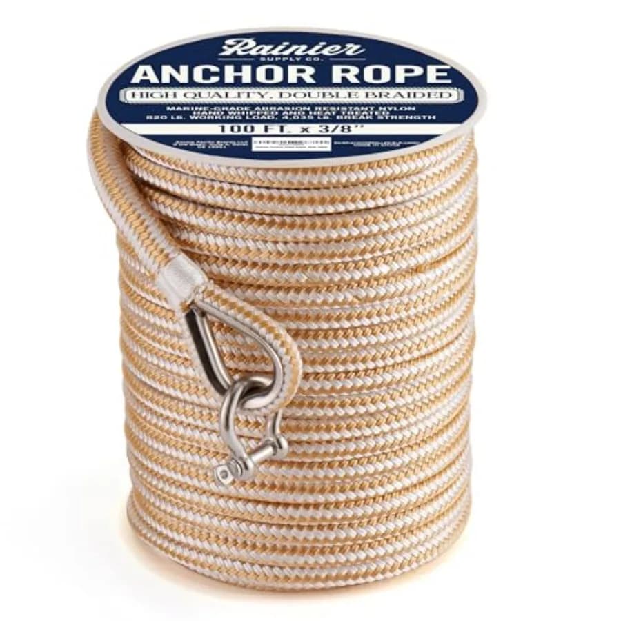 RainierSupplyCo Corda per Ancora - Corda Marina a Doppia Treccia - Linea in Nylon per Imbarcazioni con Tirante in Acciaio Inox 316