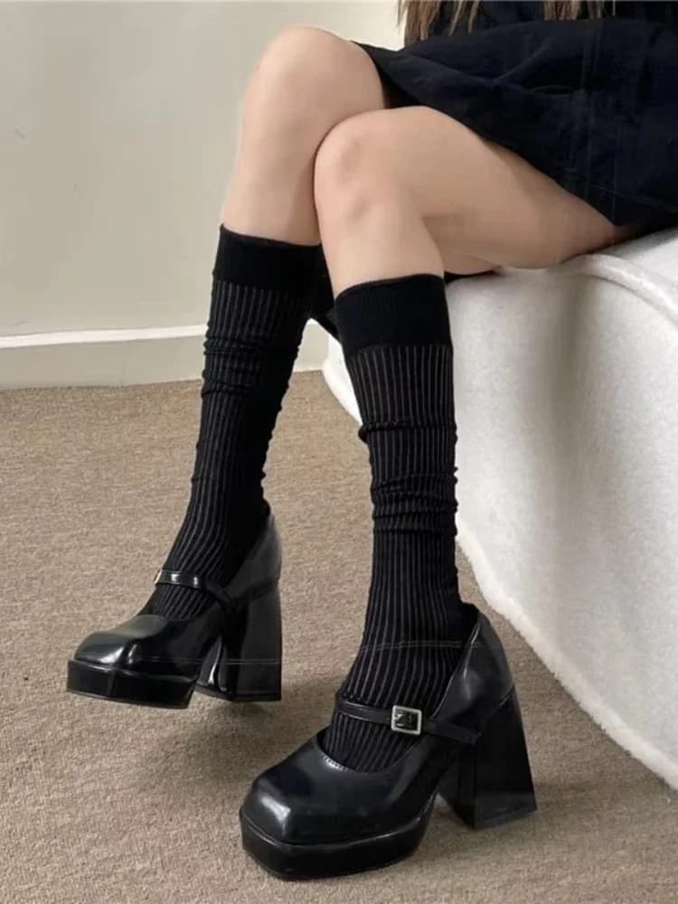 Women Thin Long Socks Boot Solid Thigh Stockings Skinny Casual Cotton Over Knee-High Fluffy Female Long Knee high Stacked Socks