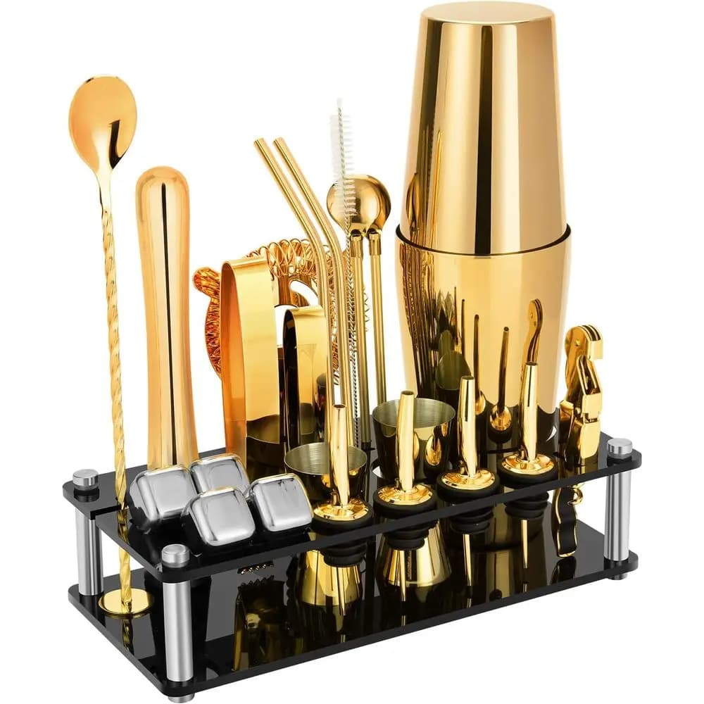 Set da Cocktail in Acciaio Inox Dorato da 23 Pezzi con Supporto in Acrilico, Kit da Barman, Ricette per Cocktail, Ideale per Bar Domestico e P