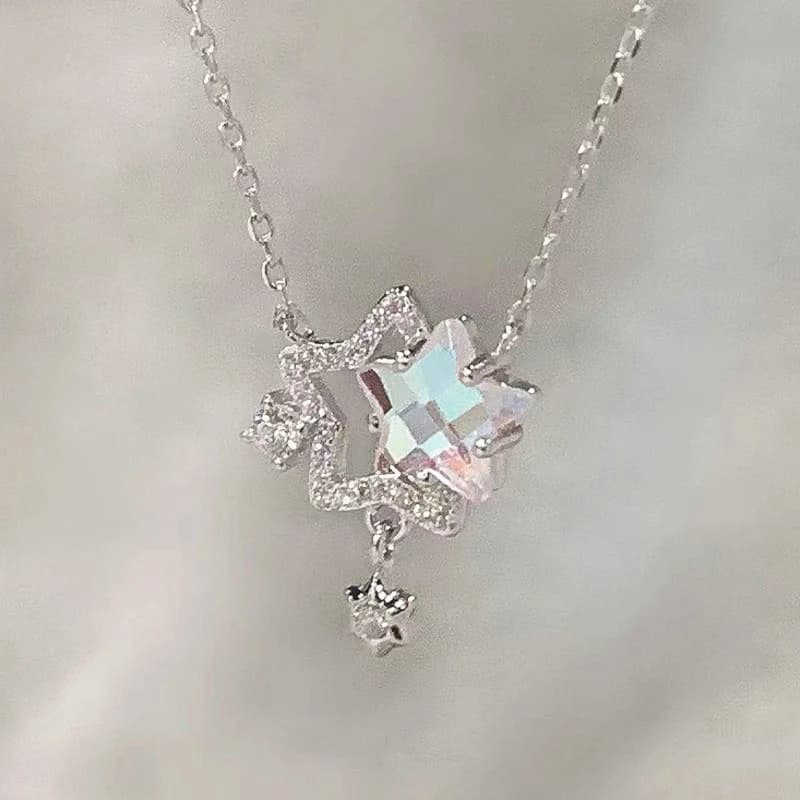 Collana con Ciondolo a Stella in Zirconi Lucidi, Stile Coreano Elegante, con Fiocco e Cristallo Rotondo, Gioielli da Donna
