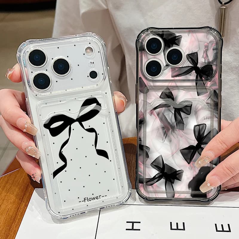 Black Bowknot Patterned Card Slot Phone Case For iPhone 17e 17 Pro Max 16 15 14 13 Pro Max 16e 11 Clear Soft Silicone TPU Cover