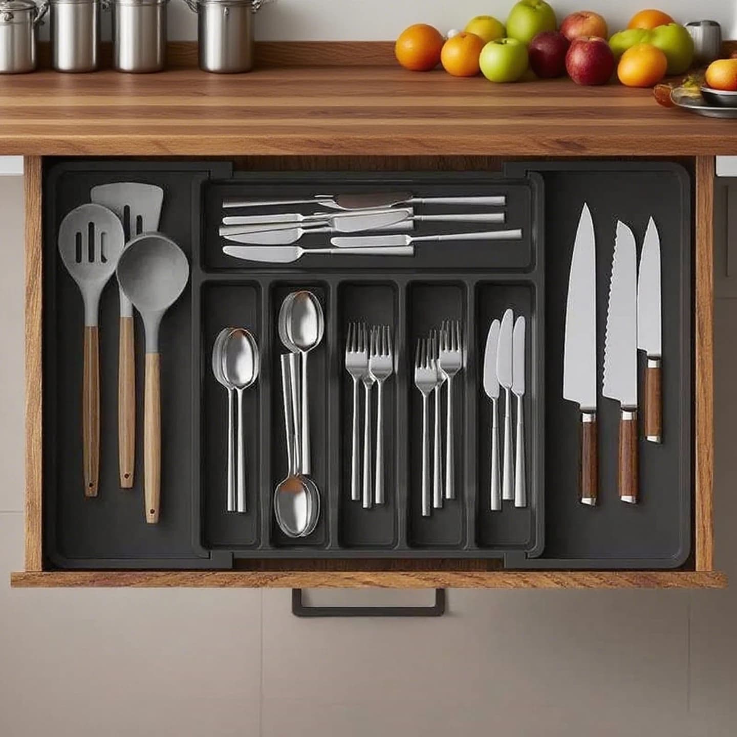 Contenitore Espandibile per Utensili da Cucina, Organizzatore per Bacchette e Posate, Modello X998-2, Semplice Scatola Rettangolare in Plastica per la Casa
