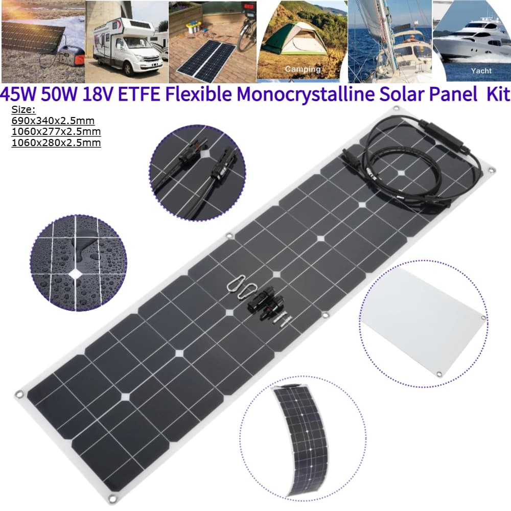 45W 50W 18V ETFE Pannello solare monocristallino flessibile Cavo solare Kit sistema di batteria per la ricarica di camper per barche da campeggio marine