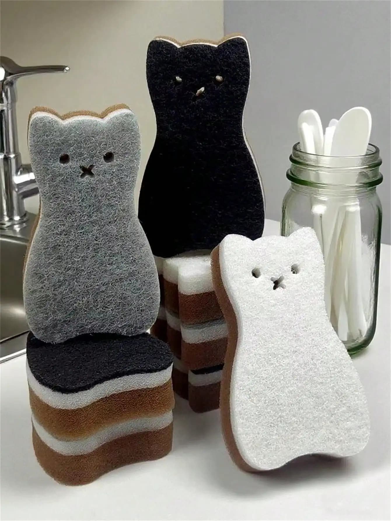 Set di spugne da cucina a forma di gatto, 4 pezzi, strumenti per la pulizia dei piatti spessi e resistenti, con ganci in metallo per appendere pentole