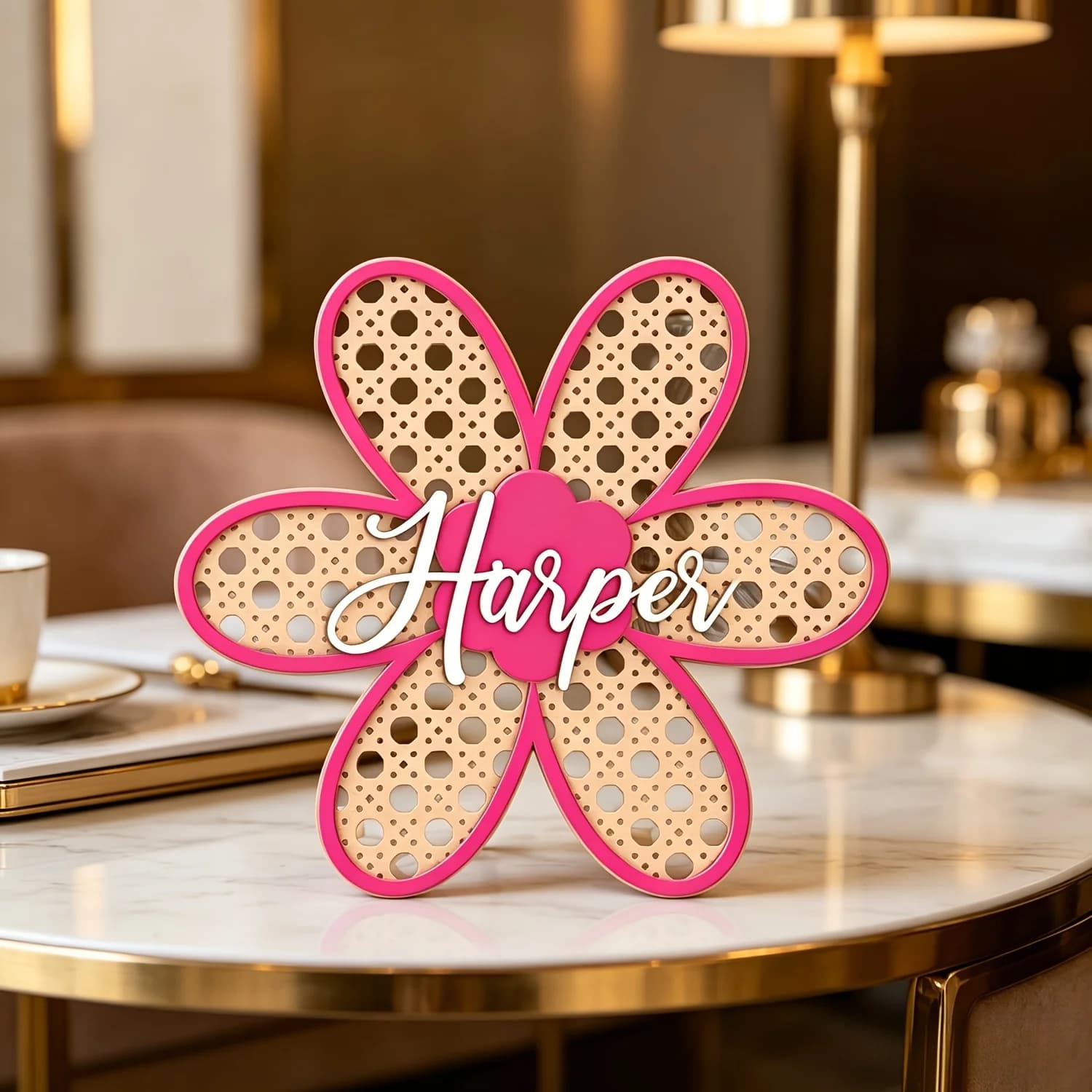 Targa Personalizzata Boho in Rattan con Nome, Insegna Rosa Personalizzabile per Porta, Decorazione per Cameretta, Grazioso Ricordo