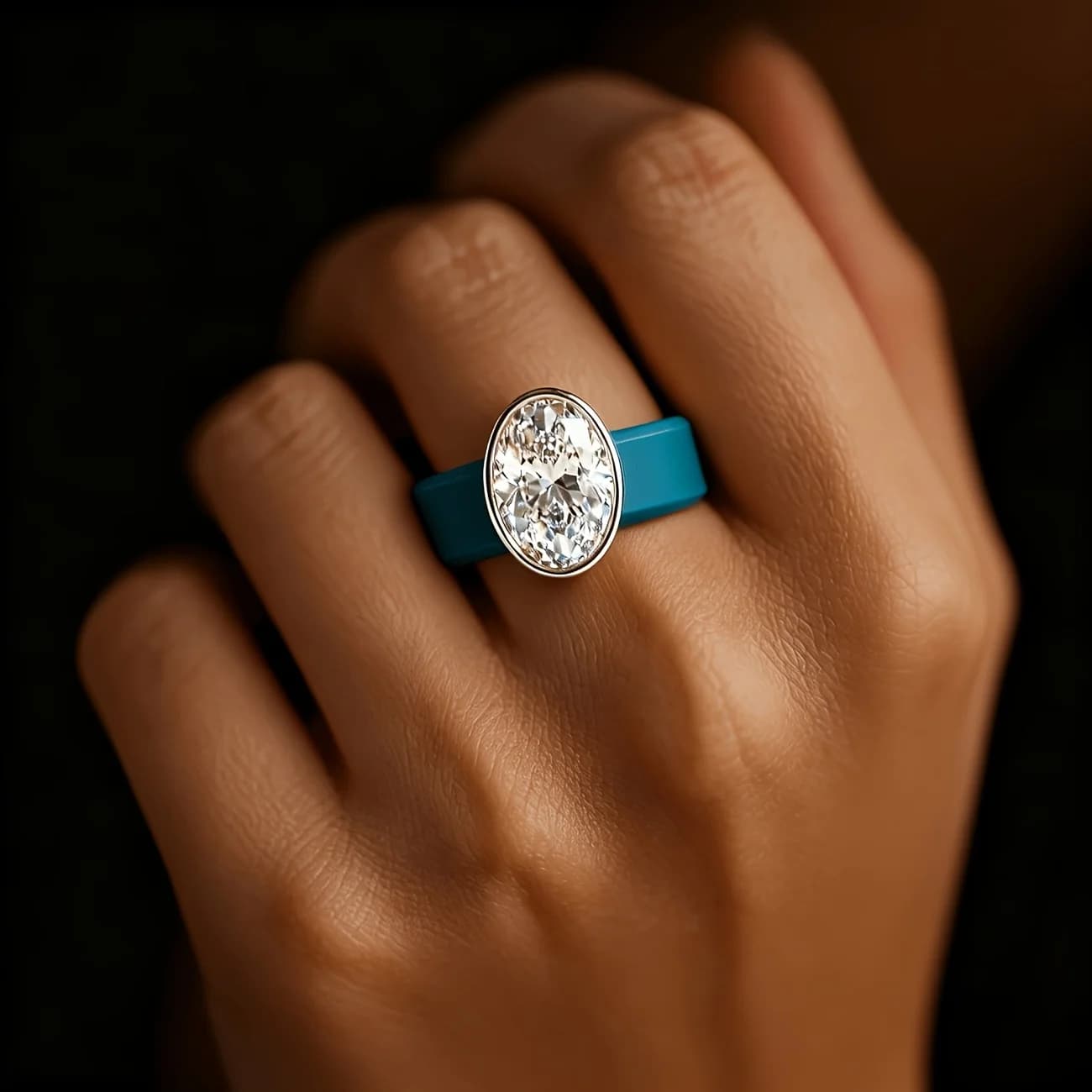 Fashion Ladies Blue Silicone Band Ring Oval Shiny CZ Stone Rose Gold Silver Bezel Comfortable Daily Workout