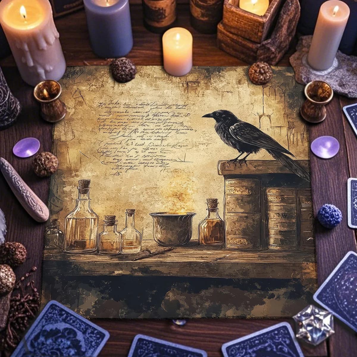Retro Crow Tarot Tablecloth Ritual Cloth Gothic Pagan Altar Cloth with Star Pattern Witchcraft Oracle Cards Pad Divination Decor