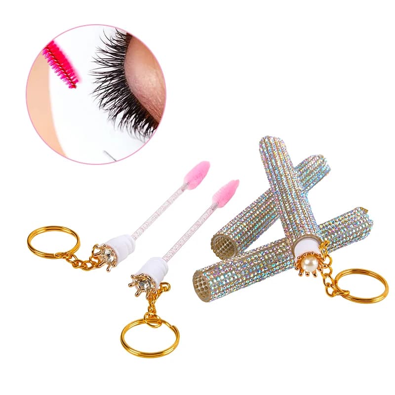 aReusable empty mascara tube with golden chain applicator, mini eyelash brush, eyelash cleaning combs delle